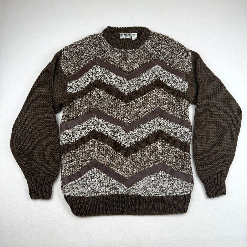 Vintage 90s CC Sport Brown Chevron Chunky Knit Sweater Leather Trim M